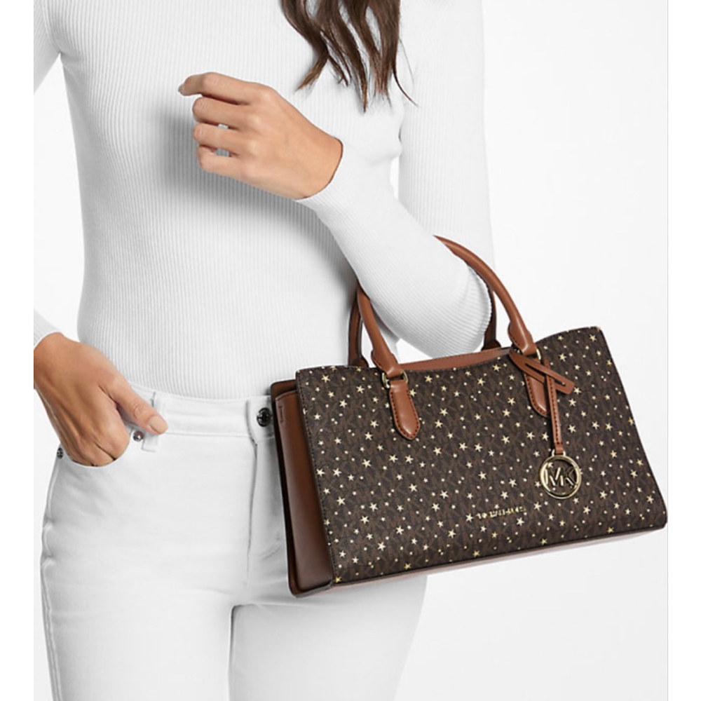 Michael Kors Arden Medium Brown Satchel with Gold Hardware & Star Pattern - Picture 2 of 13